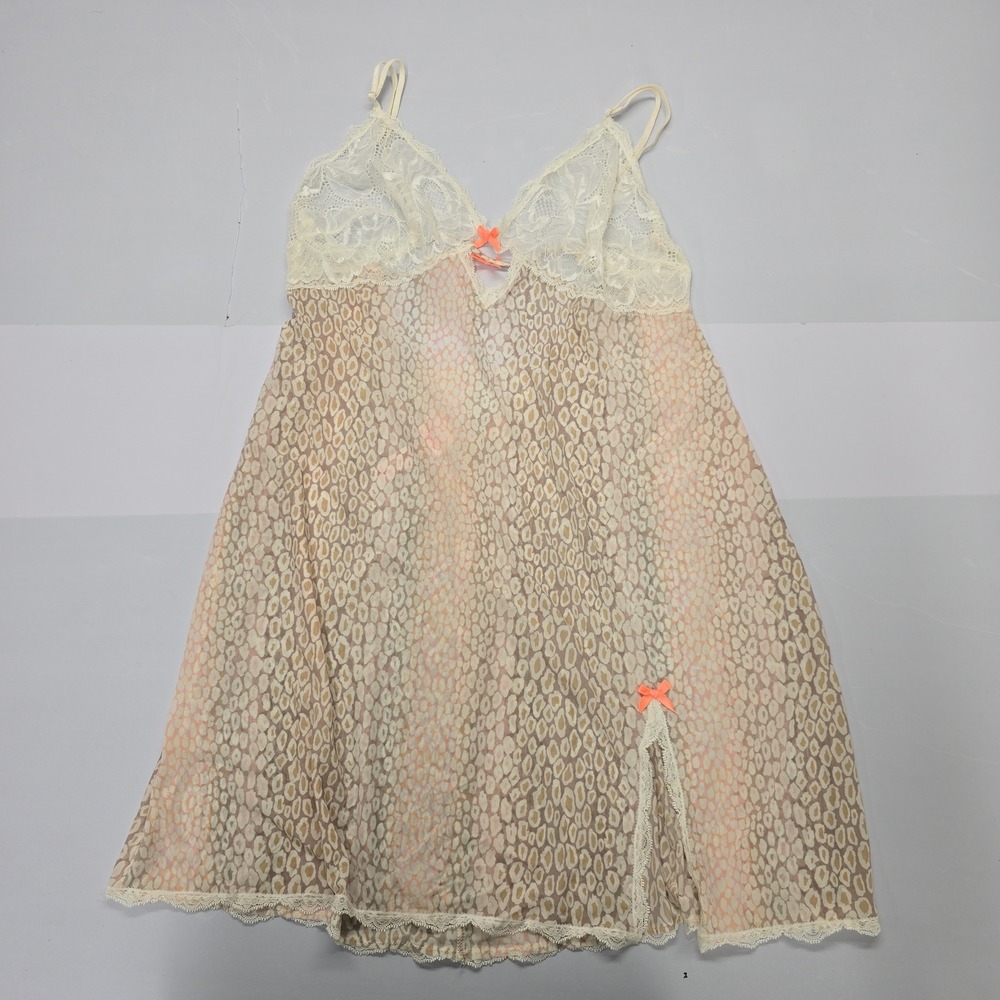 Victorias Secret Leopard Print Lace Trim‎ Babydoll Chemise Nightgown Tan Pink LG